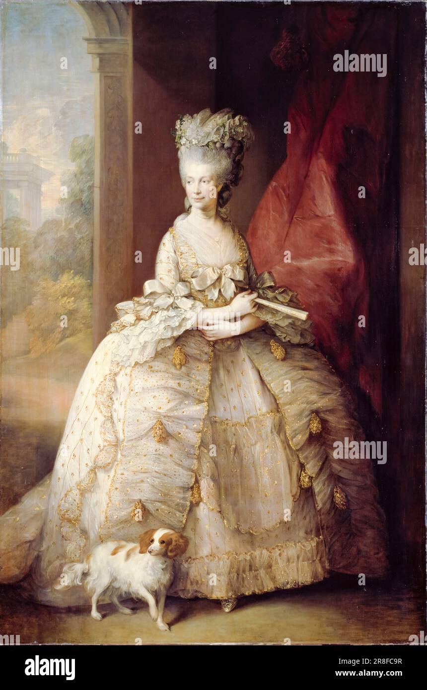 La reine Charlotte d'Angleterre, Charlotte de Mecklembourg-Strelitz (1744-1818), la reine Consort de Grande-Bretagne et d'Irlande comme épouse du roi George III, portrait peint à l'huile sur toile par Thomas Gainsborough et atelier, 1781 Banque D'Images