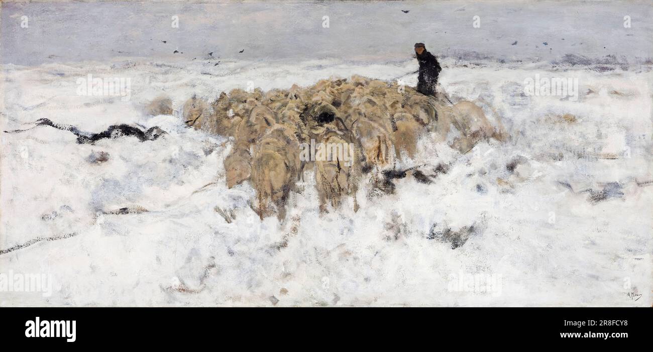 Anton Mauve, Flock de brebis avec berger dans la neige, peinture de paysage dans l'huile sur toile, 1887-1888 Banque D'Images