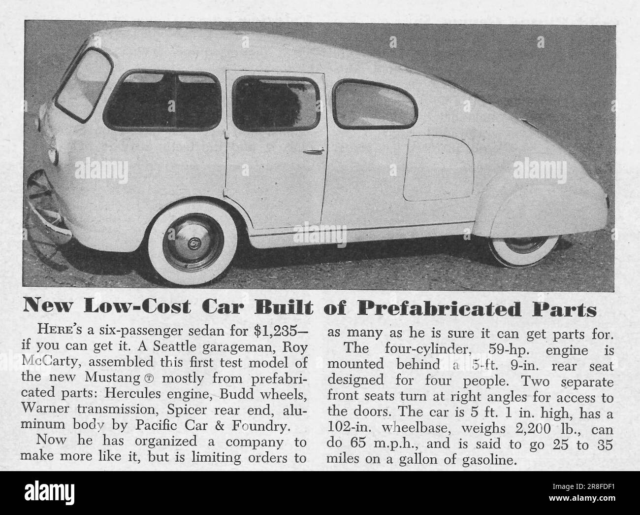 Nouvelle mustang à six passagers ; Nouvelle voiture low-cost construite sur des pièces préfabriquées article dans le magazine Popular Science, États-Unis, février 1949 Banque D'Images