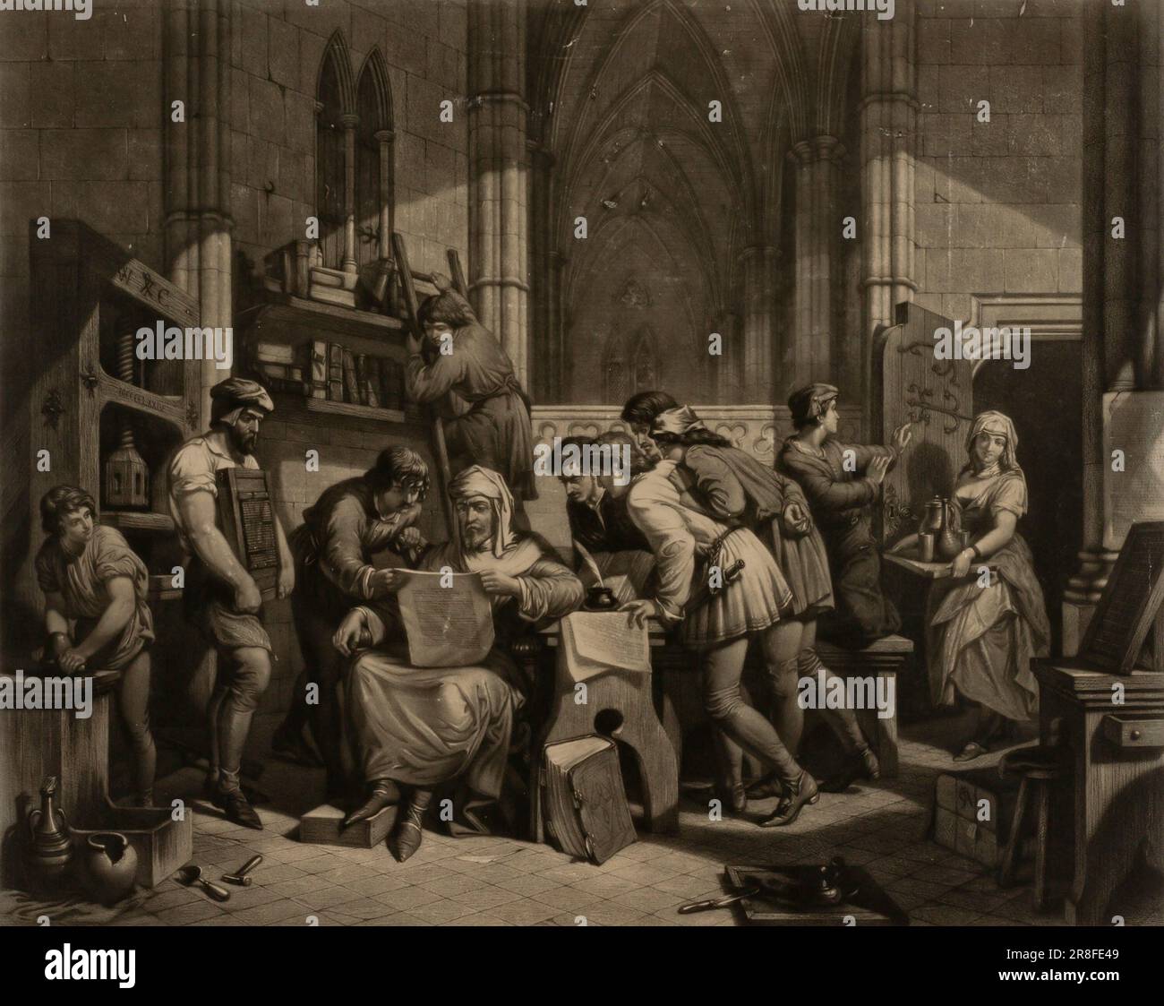 William Caxton--examen de la première épreuve de son imprimerie à Westminster Abbey, A.D. 1474 s.d. par Frederick Bacon, anglais, né Londres, Angleterre 1803-mort CA 1887 Banque D'Images