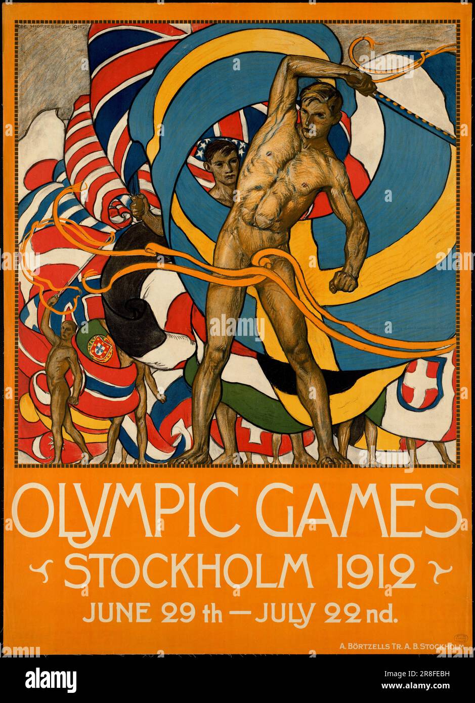 Affiche vintage faisant la promotion du tourisme dans les Jeux Olympiques. Stockholm 1912 Banque D'Images