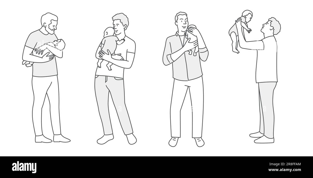 Les pères aiment le plaisir avec bébé. Concept de fête des pères. Illustration vectorielle dessinée à la main. Illustration de Vecteur