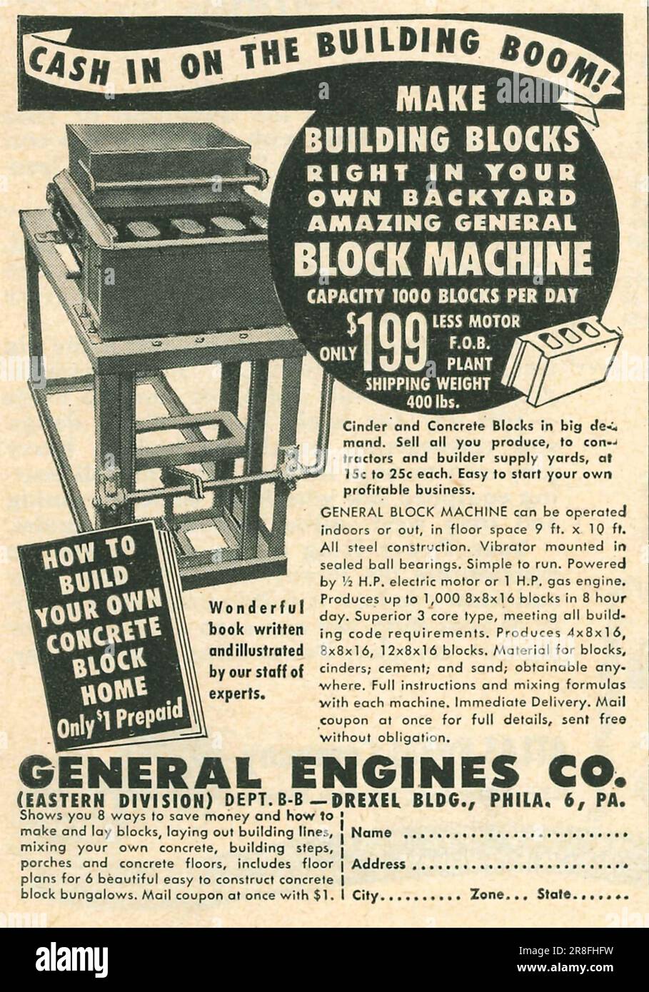 General Engines Co - faire des blocs de construction - bloc machine annonce dans un magazine 1949 Banque D'Images