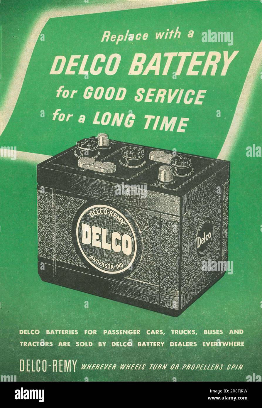 Batterie Delco pour voitures, camions et autobus, annonce Delco-Remy dans un magazine 1949 Banque D'Images