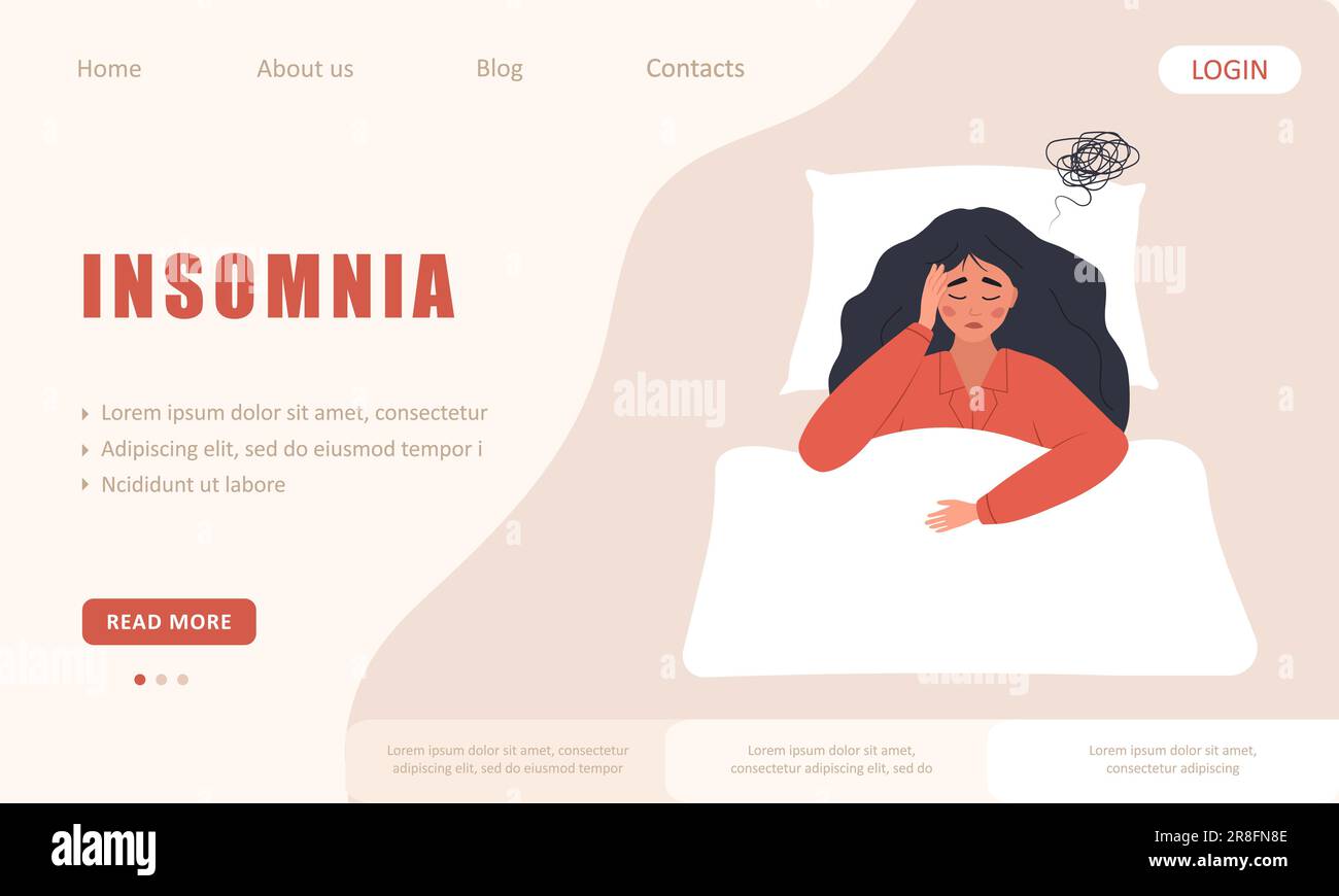 Modèle de page d'arrivée Insomnia. La femme fatiguée souffre de maux de