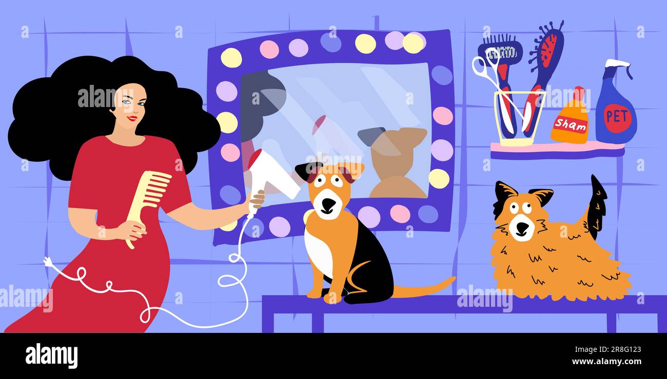 Salon de coiffure pour animaux. Chien professionnel de toilettage. Femme prenant soin de la fourrure d'animal de compagnie - couper et brosser la fourrure. Mignon chiot au salon de l'aine. Couper la laine, sécher. Illustration vectorielle Illustration de Vecteur