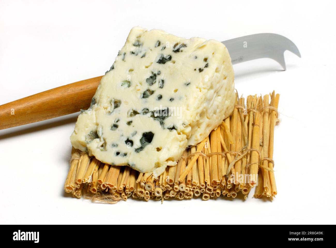 Roquefort, couteau, fromage bleu, fromage bleu Banque D'Images