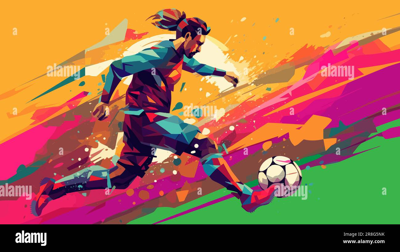 Joueur de football dribbling avec ballon de football, affiche colorée de style art plat, illustration vectorielle. Illustration de Vecteur