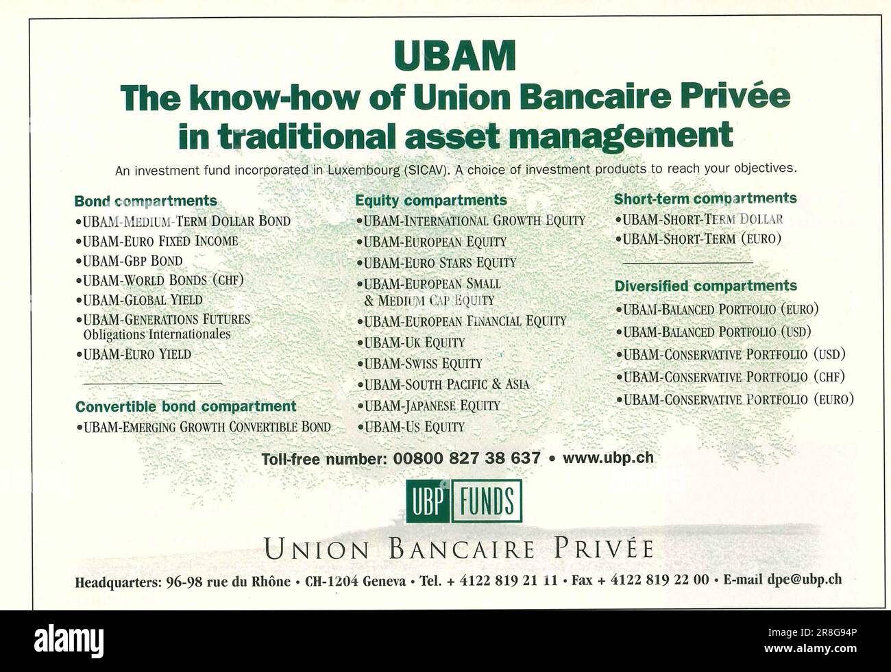 UBP FONDS- UBAM- UNION BANCAERE PRIVEE - Swiss Private Banking Company annonce dans un magazine 1999 Banque D'Images
