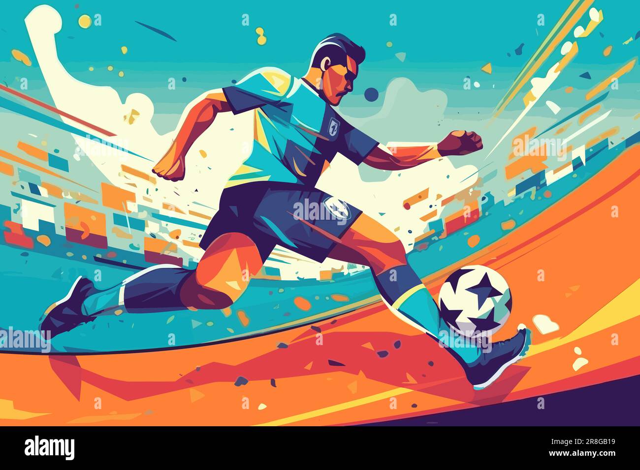 Joueur de football dribbling avec ballon de football, affiche colorée de style art plat, illustration vectorielle. Illustration de Vecteur