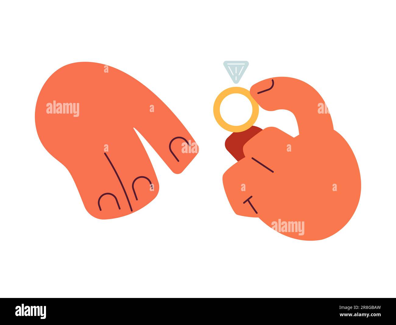 Partenaire mettant l'anneau d'engagement sur le doigt semi-plat coloré vecteur mains Illustration de Vecteur
