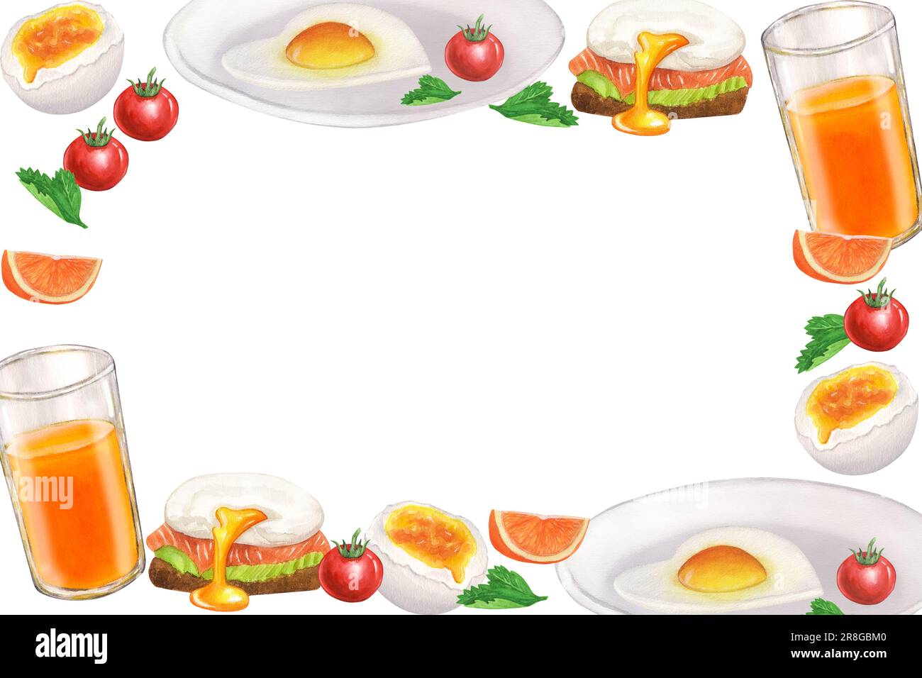 Bannière cadre de la collection de nourriture de petit déjeuner, les repas du matin oeufs frits, jus, orange, tomate, persil, poché. Illustration aquarelle dessinée à la main isolée Banque D'Images