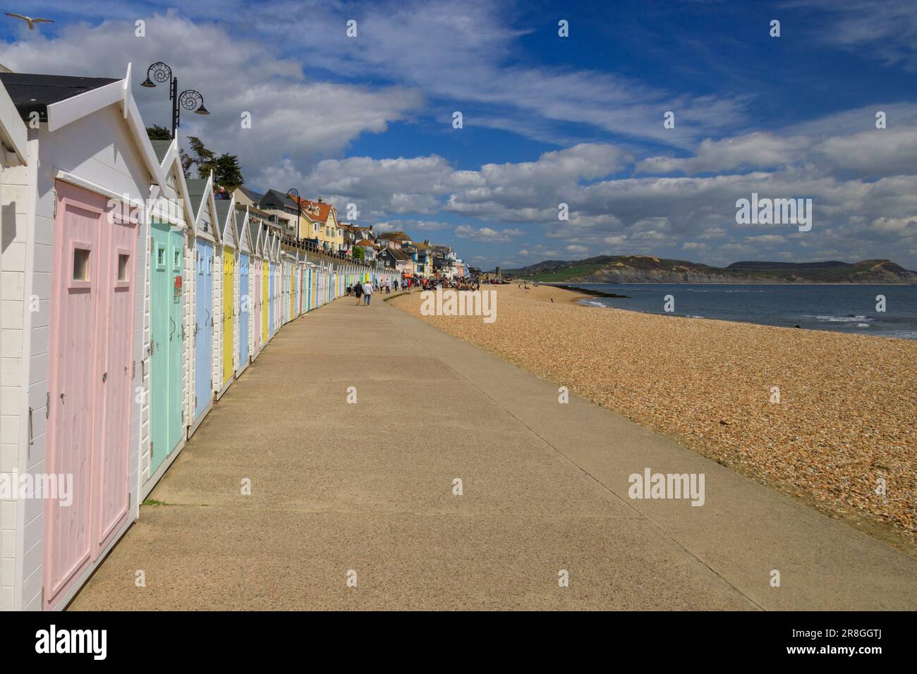 Huttes de plage colorées à côté de la plage de galets à Lyme Regis sur la côte jurassique, Dorset, Angleterre, Royaume-Uni Banque D'Images