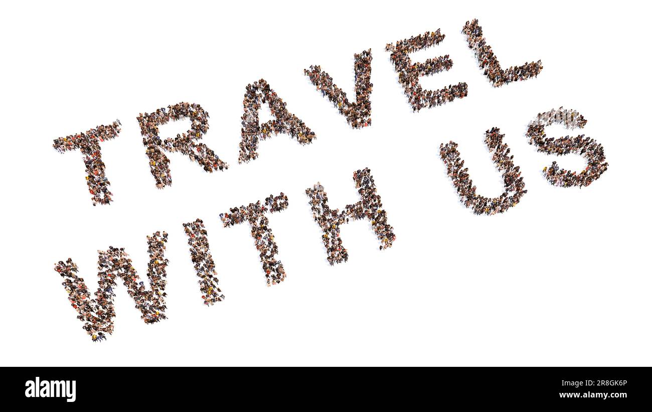 Vaste communauté conceptuelle de personnes formant UN MOT DE VOYAGE. 3d métaphore de l'illustration pour les vacances, voyage, aventure, plaisir, heureux, style de vie, tourisme Banque D'Images