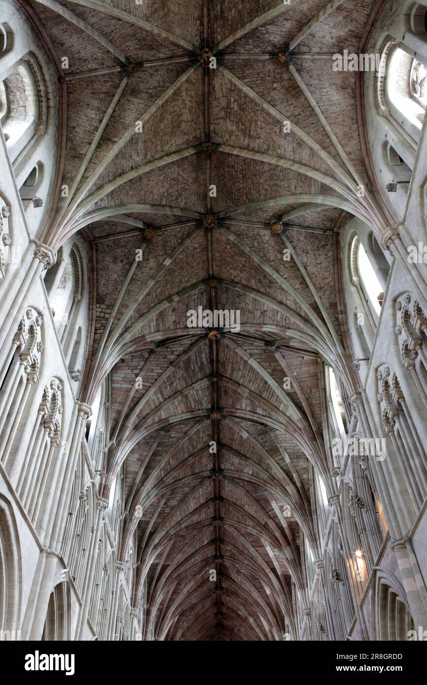 Photographiée en format portrait, cette image révèle les pierres complexes du plafond voûté de la cathédrale de Worcester. Banque D'Images