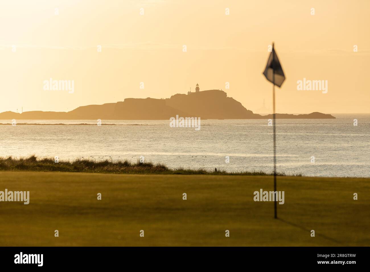 Un magnifique coucher de soleil sur l'île de Fidra avec un drapeau de golf sur le parcours de golf de North Berwick en premier plan, North Berwick, Écosse Banque D'Images