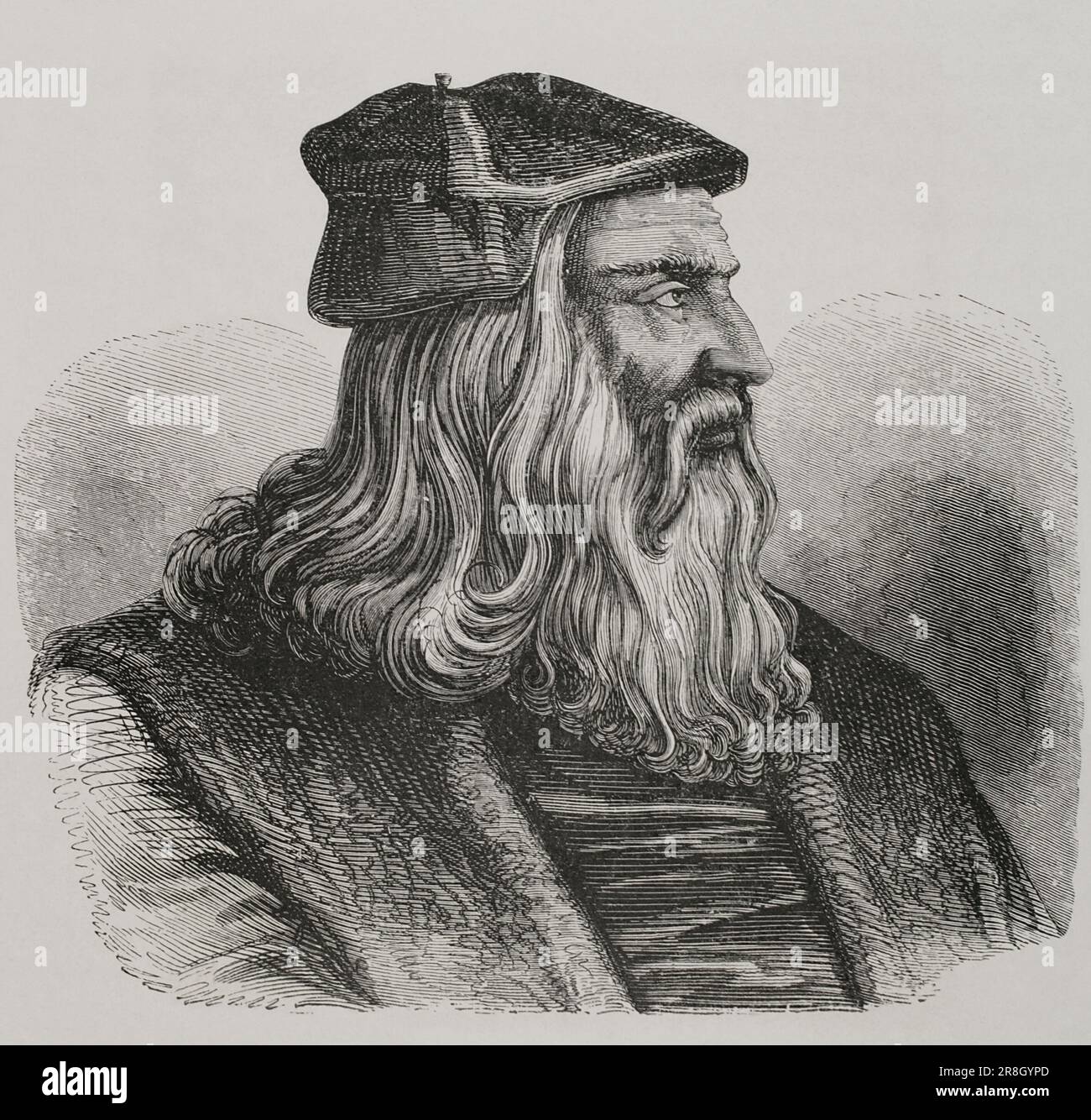 Léonard de Vinci (14521519). Artiste, architecte et inventeur italien. Portrait. Gravure d