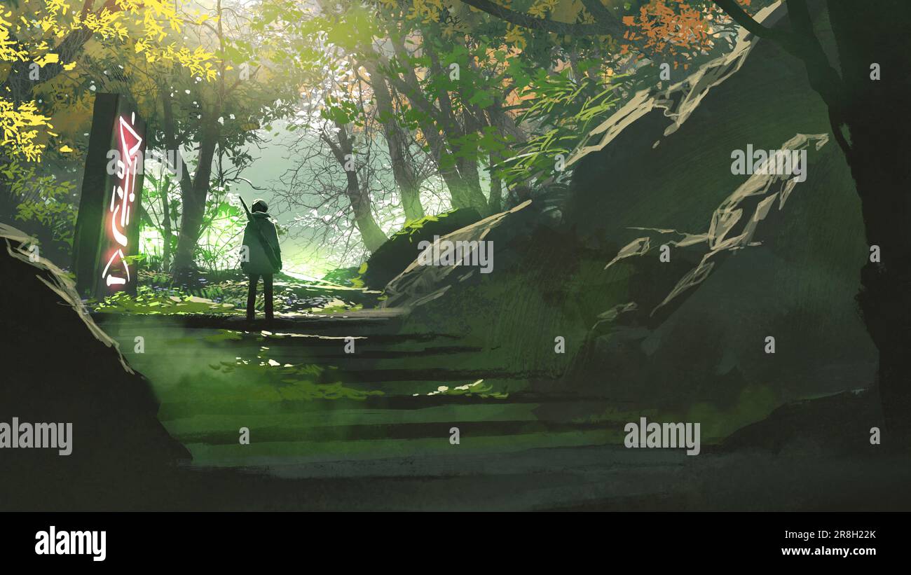 jeune homme voyageant dans une forêt futuriste, style d'art numérique, peinture d'illustration Banque D'Images
