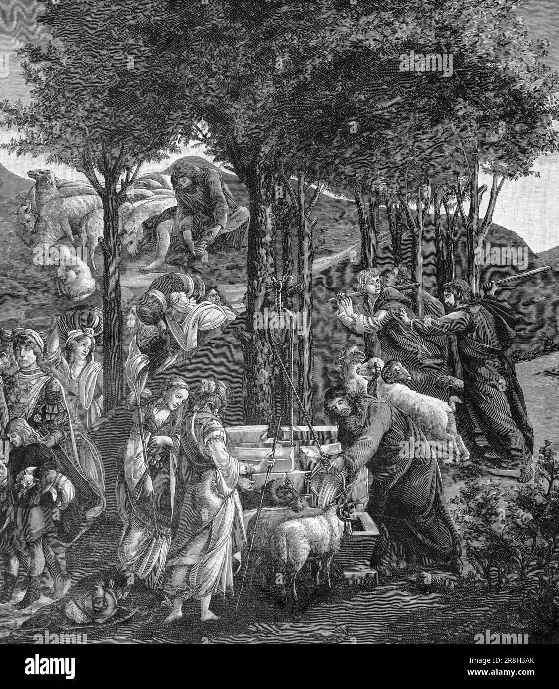 Moïse quitte l'Égypte pour Madian, deuxième livre Mose, chapitre 2, Verse11-15, ancien Testament, Bible, illustration historique 1890 Banque D'Images