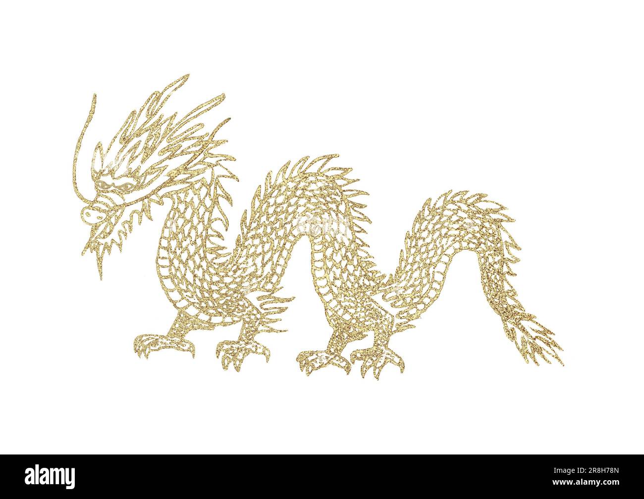 Dragon de mer chinois doré isolé sur fond blanc. Illustration orientale de couleurs or jaune dessinées à la main. Imprimer pour textile, papier peint, message d'accueil ca Banque D'Images