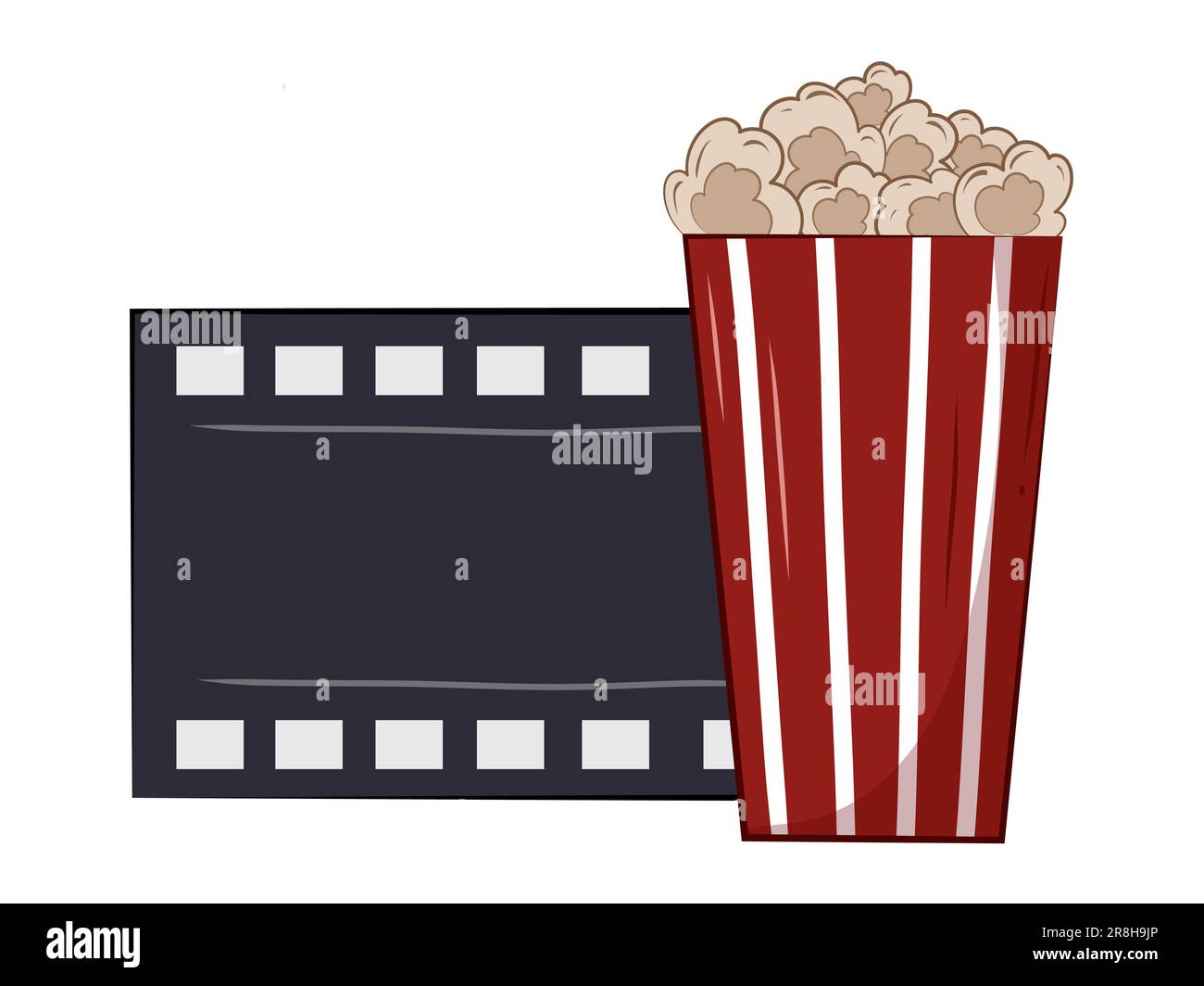 Boîte de pop-corn et ruban adhésif, isolé sur fond blanc. Icône du cinéma de style plat. En-cas. Concept de film. Illustration de Vecteur