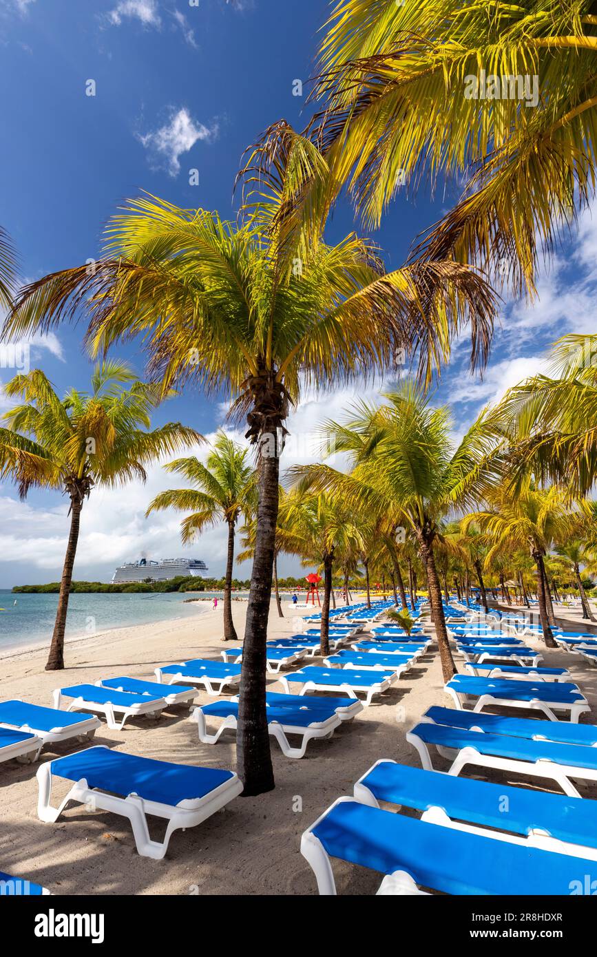 Chaises longues et palmiers sur la plage de Harvest Caye - île privée appartenant à la Norwegian Cruise Line à Belize Banque D'Images