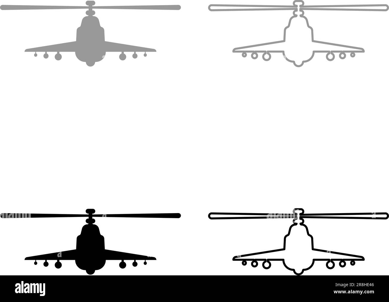Combat hélicoptère attaque militaire concept vue avant ensemble icône gris noir couleur vecteur illustration image remplissage simple contour ligne mince Illustration de Vecteur