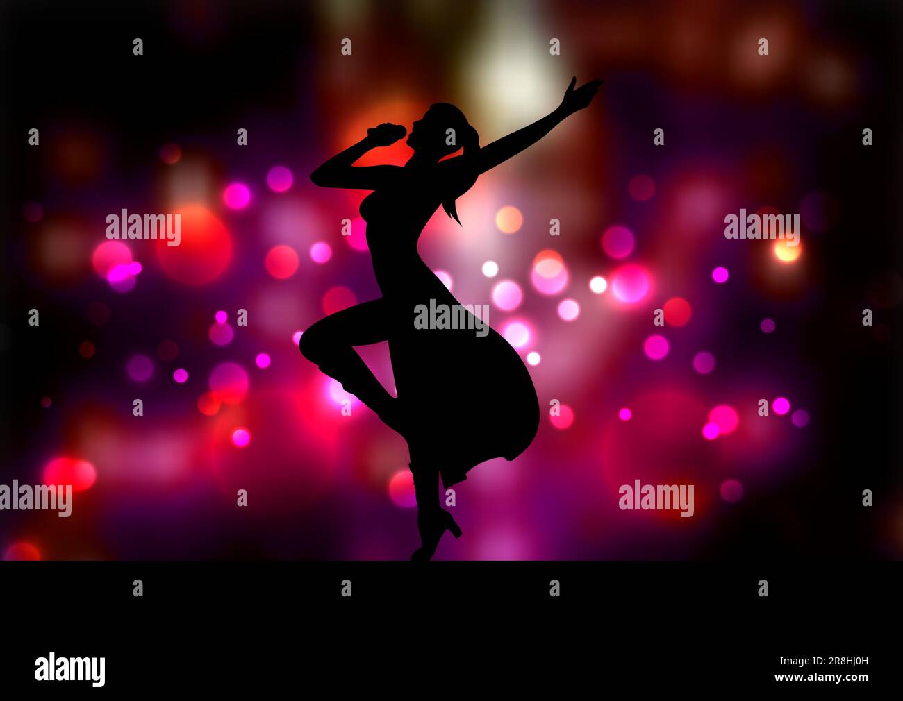 Silhouette d'une chanteuse féminine sur fond de bokeh rose Illustration de Vecteur