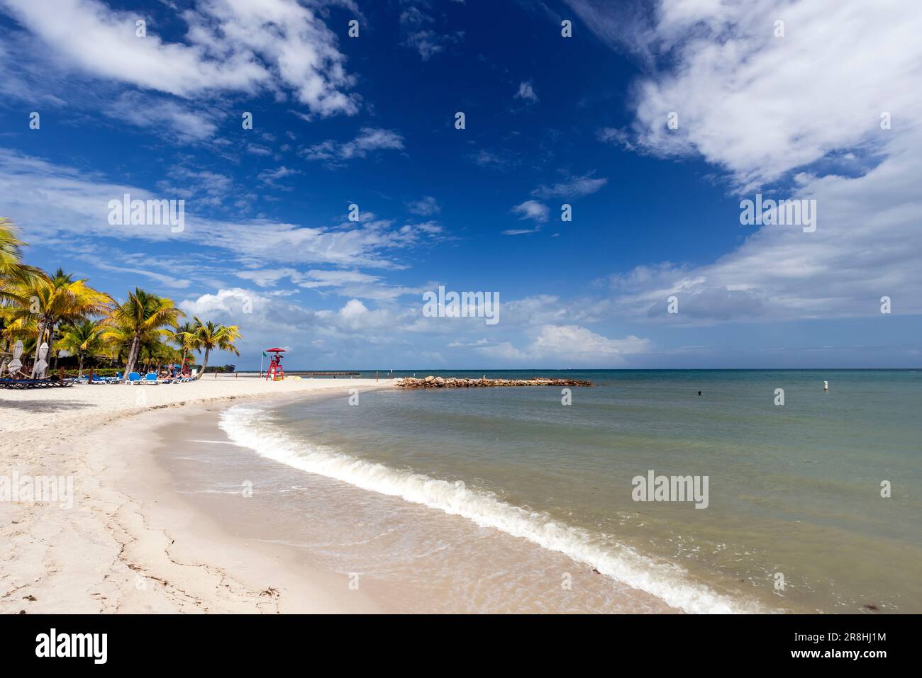 Belle plage de sable blanc sur Harvest Caye - île privée appartenant à la Norwegian Cruise Line à Belize Banque D'Images