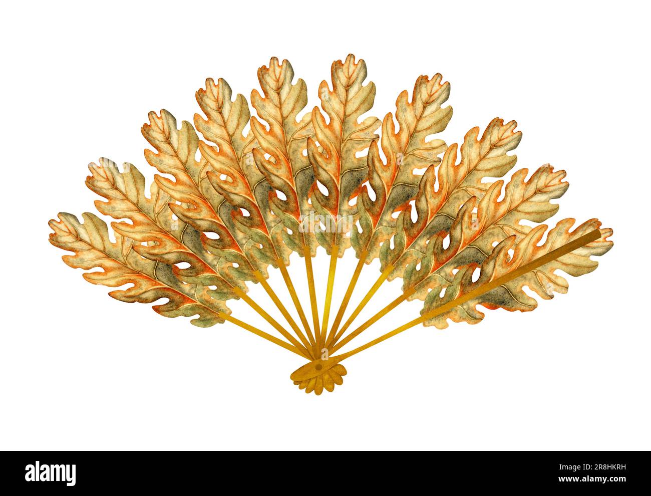 Aquarelle dessinée à la main Illustration des ventilateurs à main avec des feuilles de chêne d'automne pour la fête de la récolte, halloween, anniversaire, grincement et carte postale, invitation. Banque D'Images