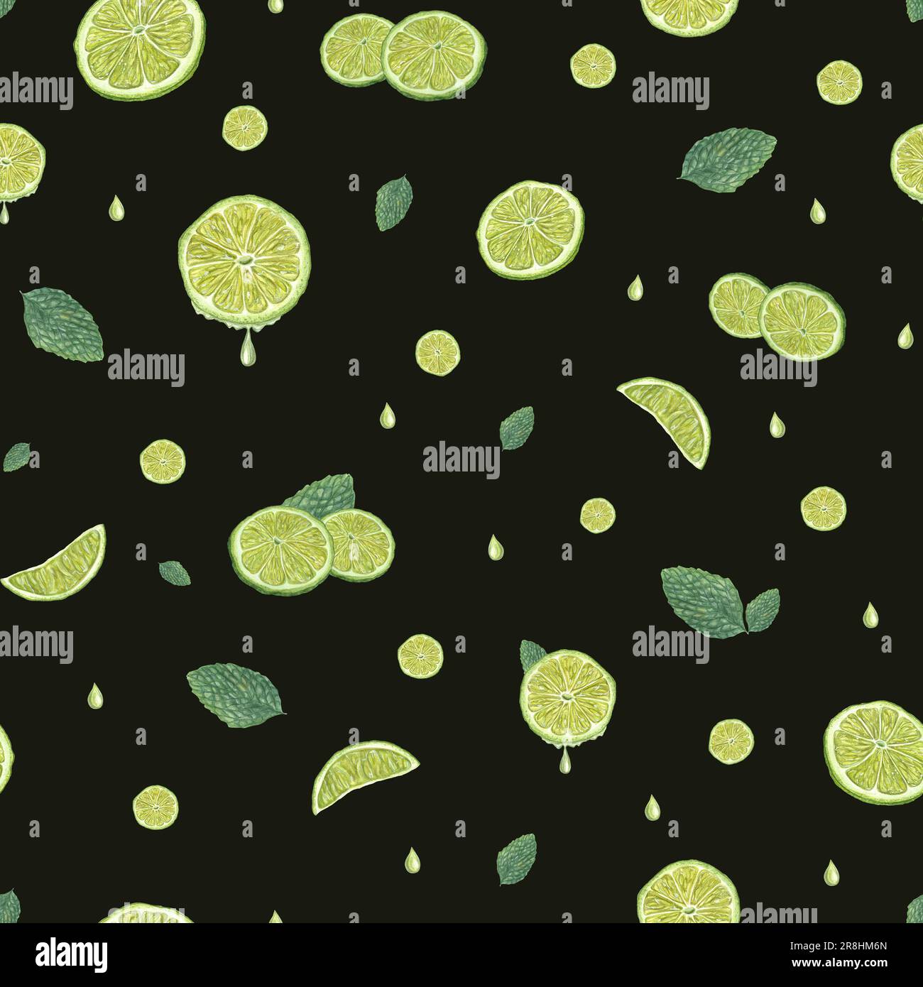 Tranches de citron vert avec feuilles de menthe verte isolées sur fond noir. Motif sans couture pour enfants et décoration d'intérieur, textile, imprimé. Aquarelle botanique Banque D'Images