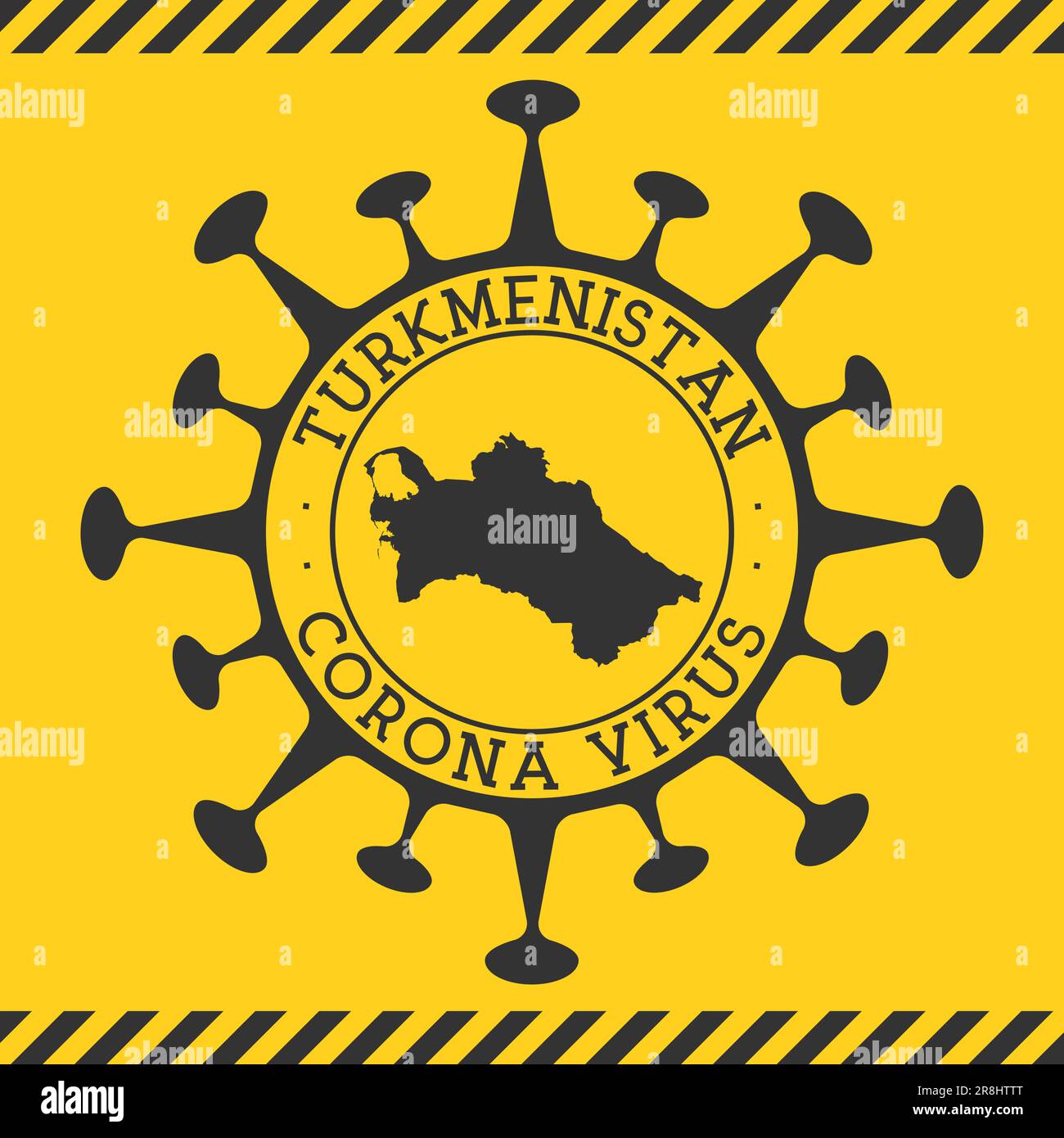 Virus Corona au Turkménistan signe. Badge rond avec forme de virus et carte du Turkménistan. Timbre de verrouillage de l'épidémie du pays jaune. Illustration vectorielle. Illustration de Vecteur