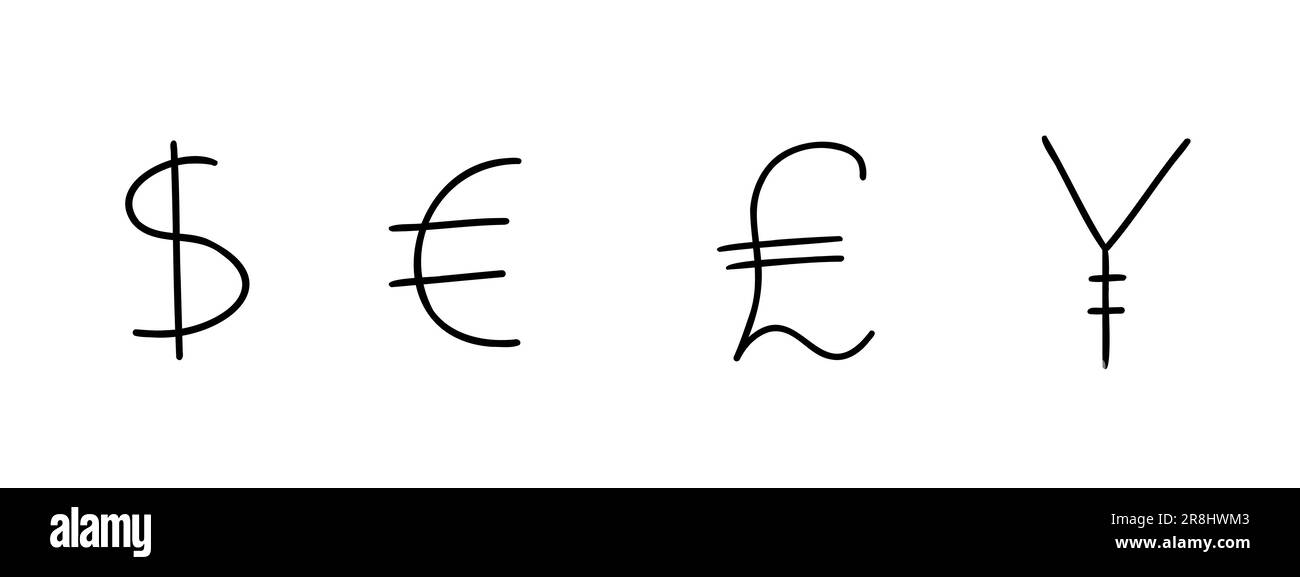 Scribble monnaie argent finance signe icônes Euro, Dollar, yen, Pound collection. Illustration vectorielle à la main, style de dessin animé isolé sur le coup Illustration de Vecteur