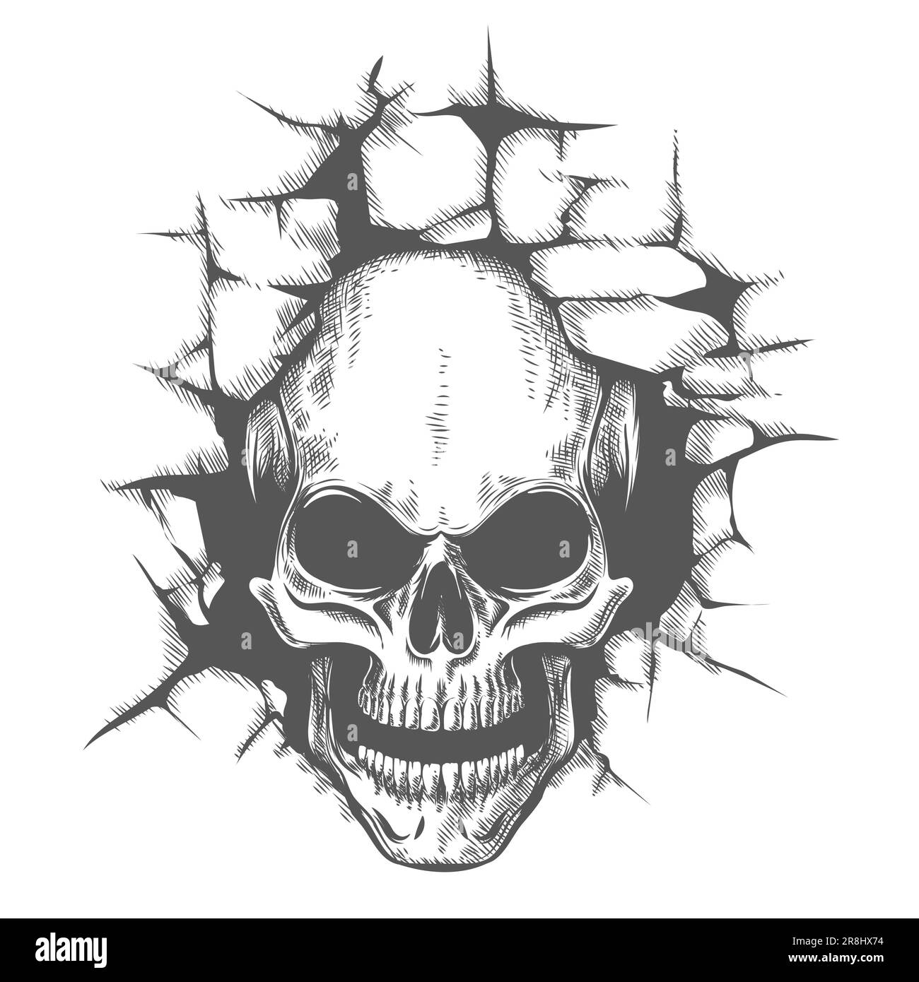 Tatouage de crâne regardant à travers un trou dans un mur isolé sur blanc. Illustration vectorielle. Illustration de Vecteur