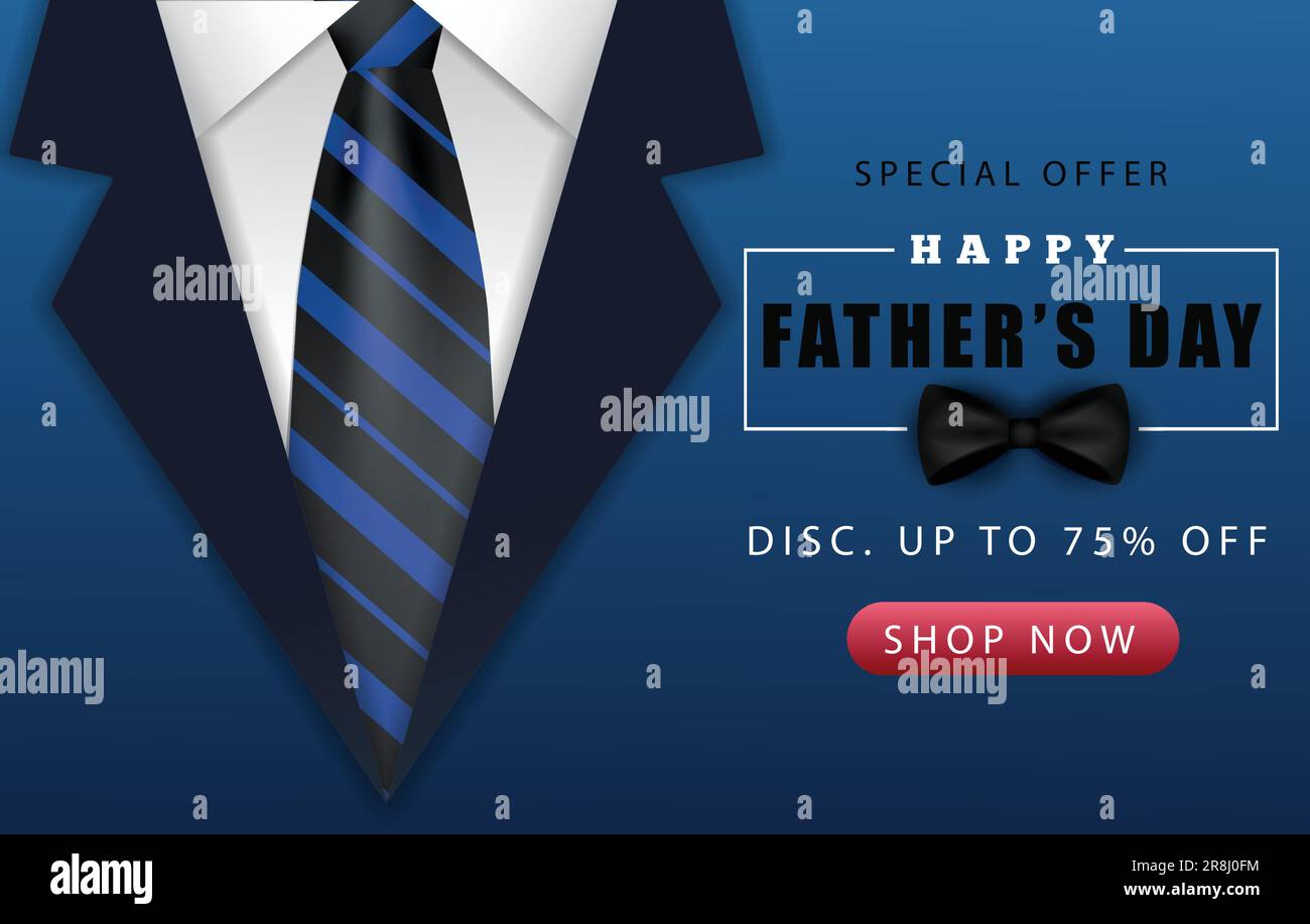 Bannière de solde de la fête des pères sur fond bleu illustration vectorielle. Design Happy Father Day pour carte de vœux, affiche, bannière, impression, envoi. Illustration de Vecteur