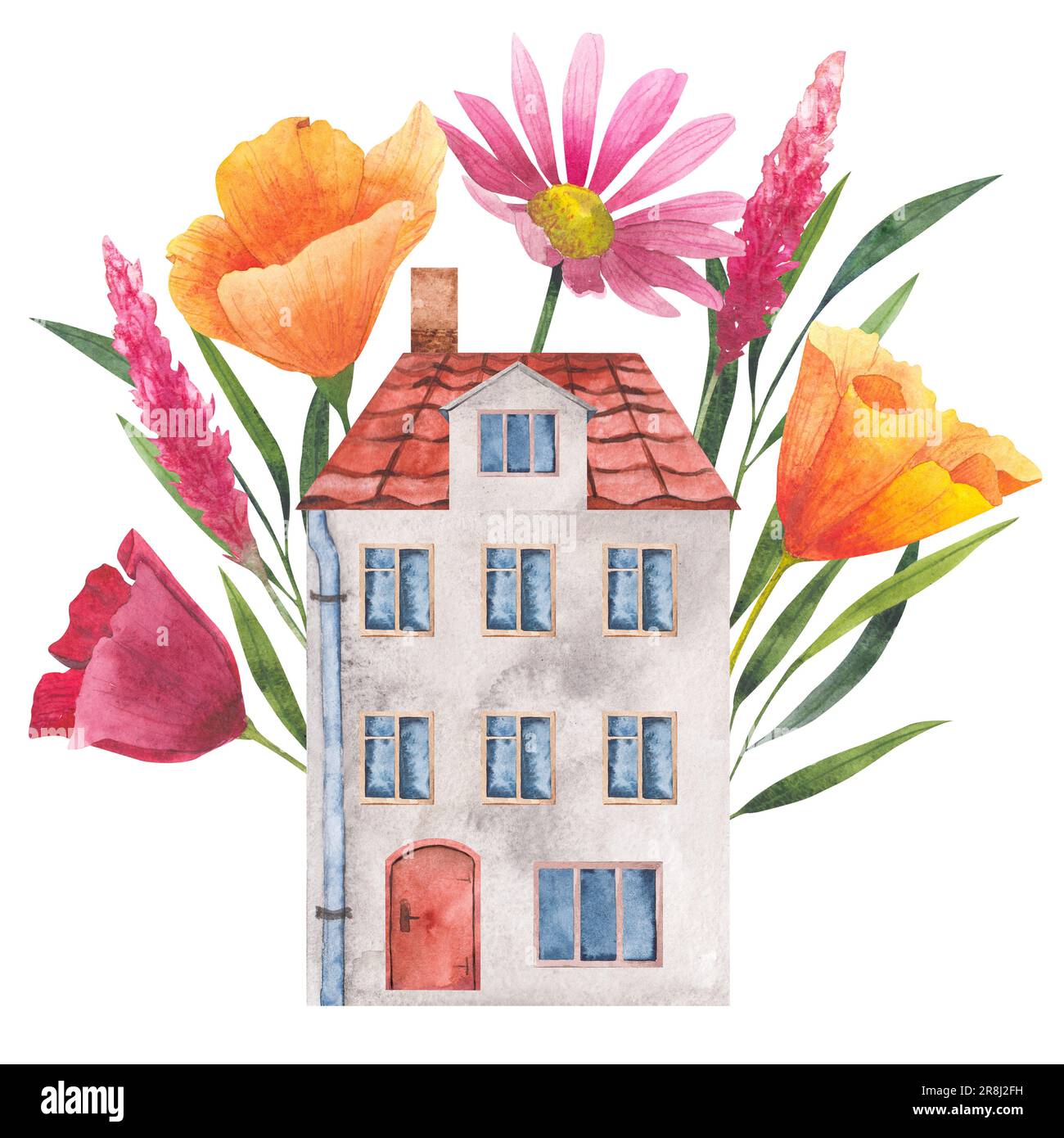Illustration aquarelle d'une maison en fleurs de pavot de Californie. Illustration pour votre conception de cartes, invitations, arrière-plans et autres fins Banque D'Images