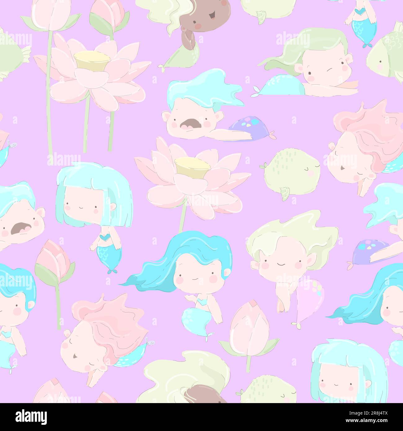 Motif sans couture avec des sirènes mignonnes et des poissons drôles sur fond violet Illustration de Vecteur