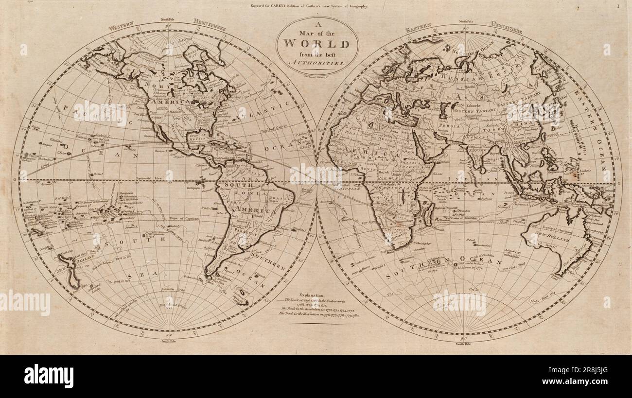 Carte du monde de deux hémisphères vintage par Mathew Carey c. 1800. La carte montre également les voyages du capitaine James Cook sur le HMS Endeavour et la résolution du HMS Banque D'Images