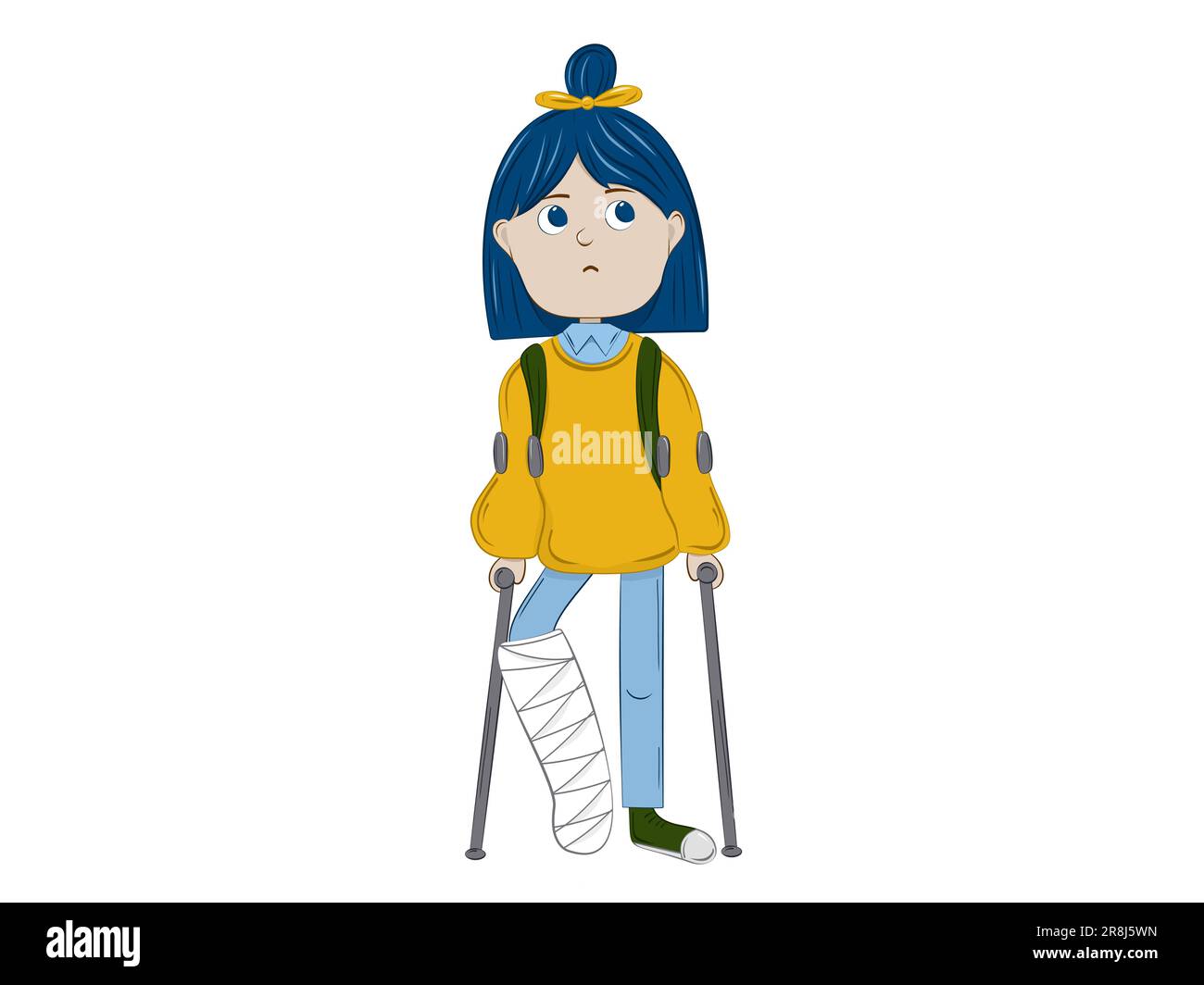 Une jeune fille triste à pleine hauteur avec une jambe cassée dans un plâtre utilise des béquilles. Illustration isolée sur fond blanc. Illustration de Vecteur