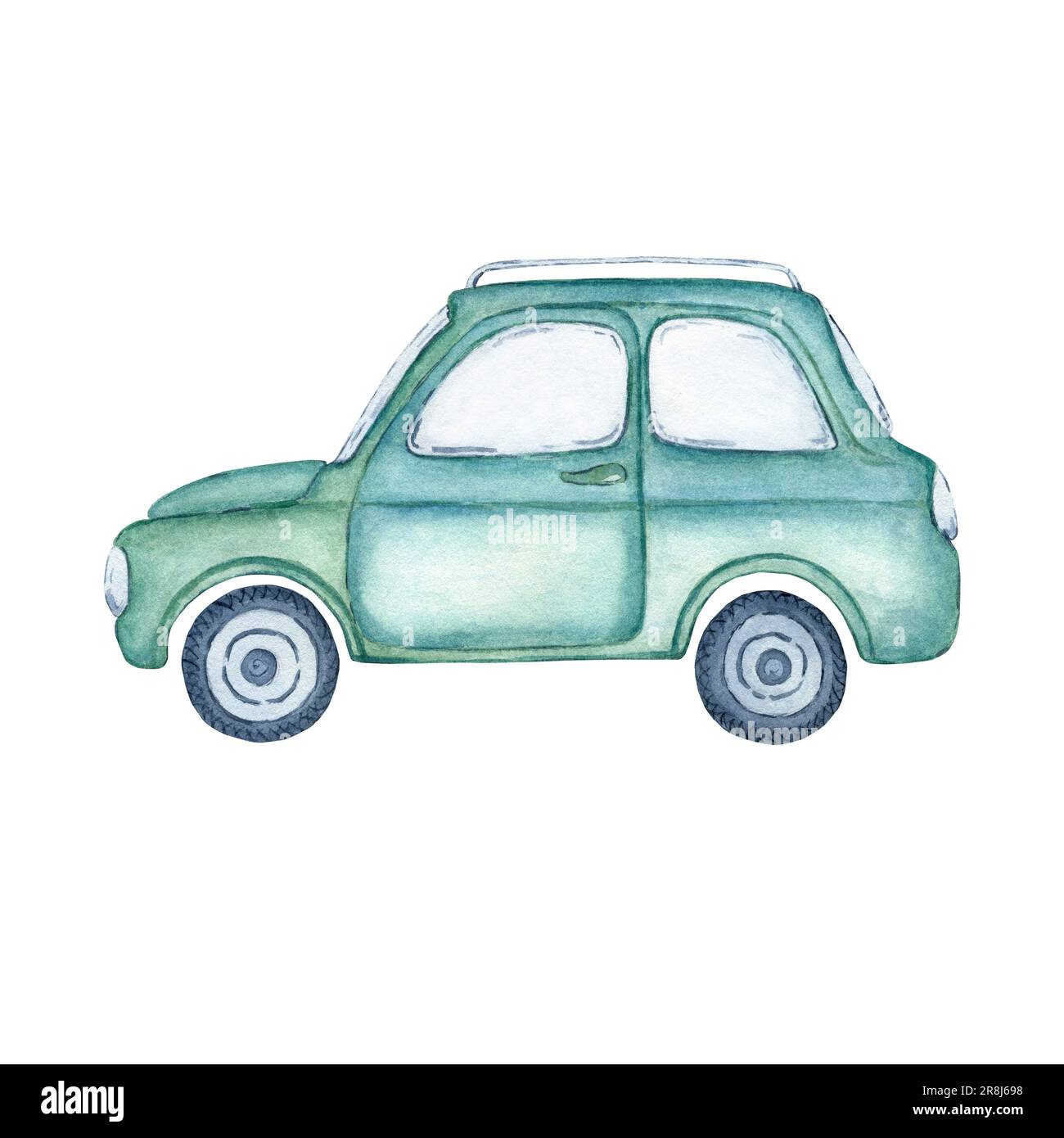 Jolie vieille voiture bleue pour un petit voyage à travers la campagne. Illustration aquarelle Banque D'Images