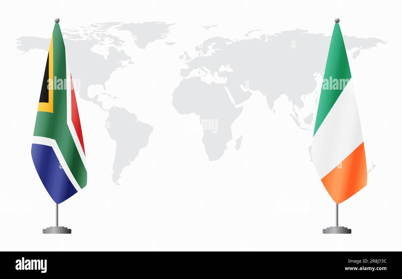 Drapeau de l'Afrique du Sud et de l'Irlande pour une réunion officielle sur fond de carte du monde. Illustration de Vecteur