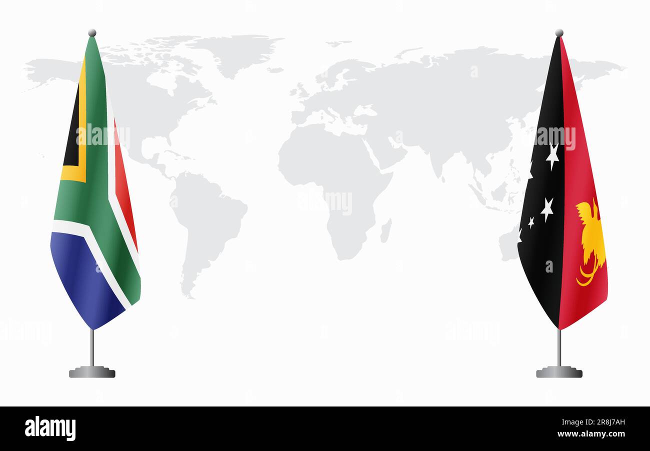 L'Afrique du Sud et la Papouasie-Nouvelle-Guinée drapeaux pour une réunion officielle sur fond de carte mondiale. Illustration de Vecteur