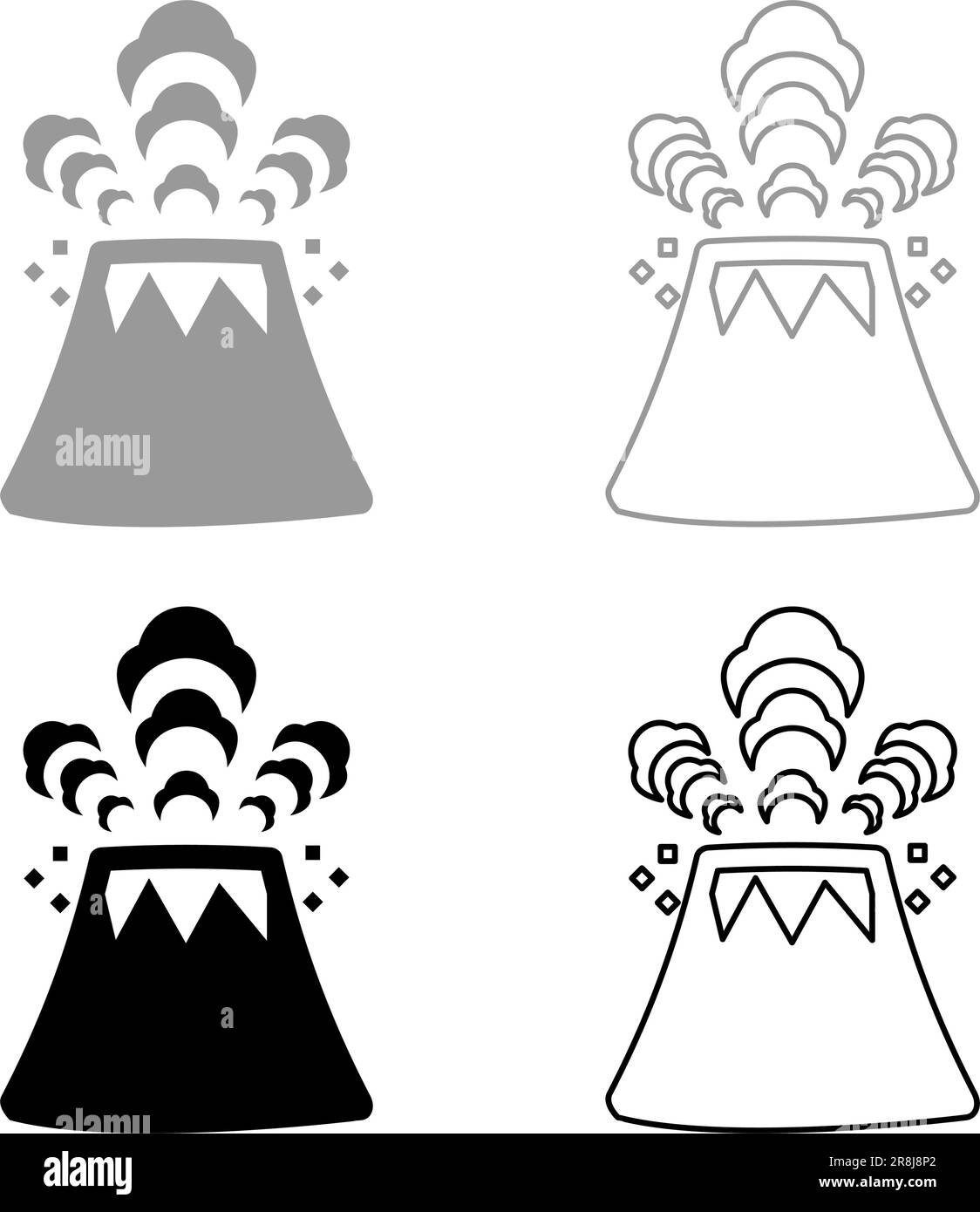 Volcano crachant lave et rochers ensemble icône gris noir couleur vecteur illustration image simple remplissage Uni contour ligne mince plat style Illustration de Vecteur