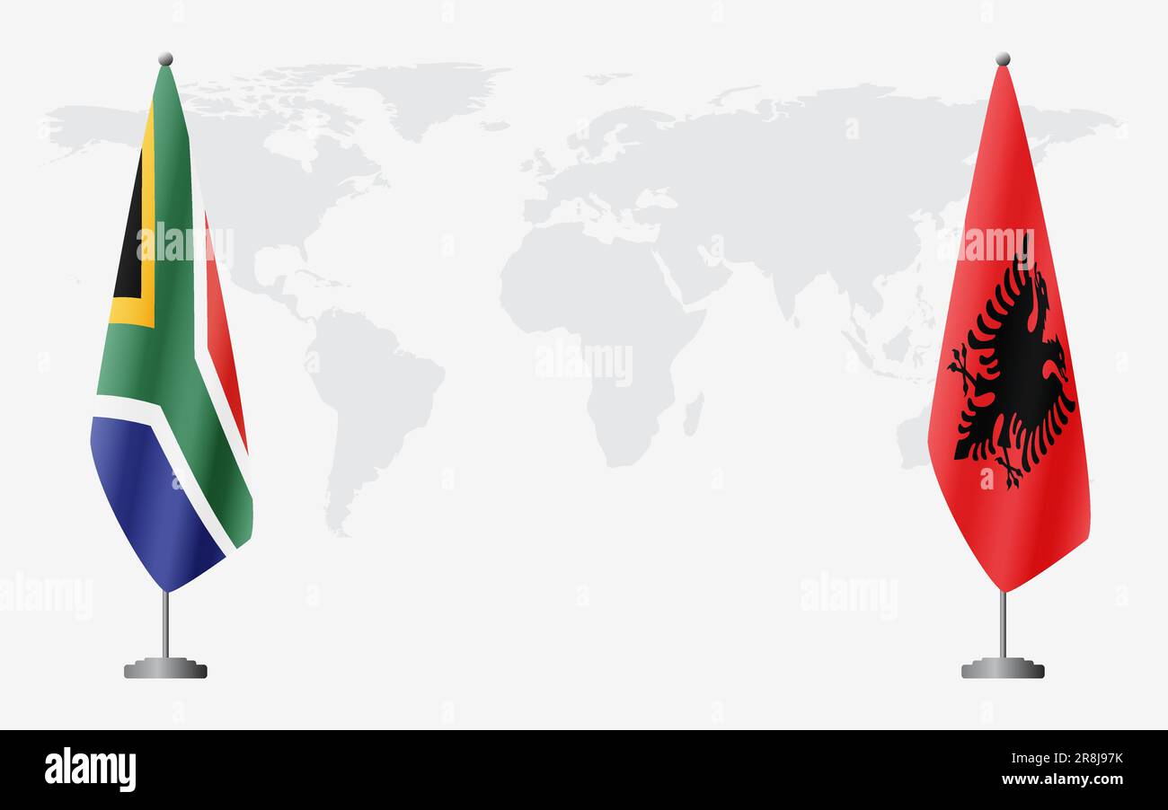 L'Afrique du Sud et l'Albanie drapeaux pour une réunion officielle sur fond de carte du monde. Illustration de Vecteur