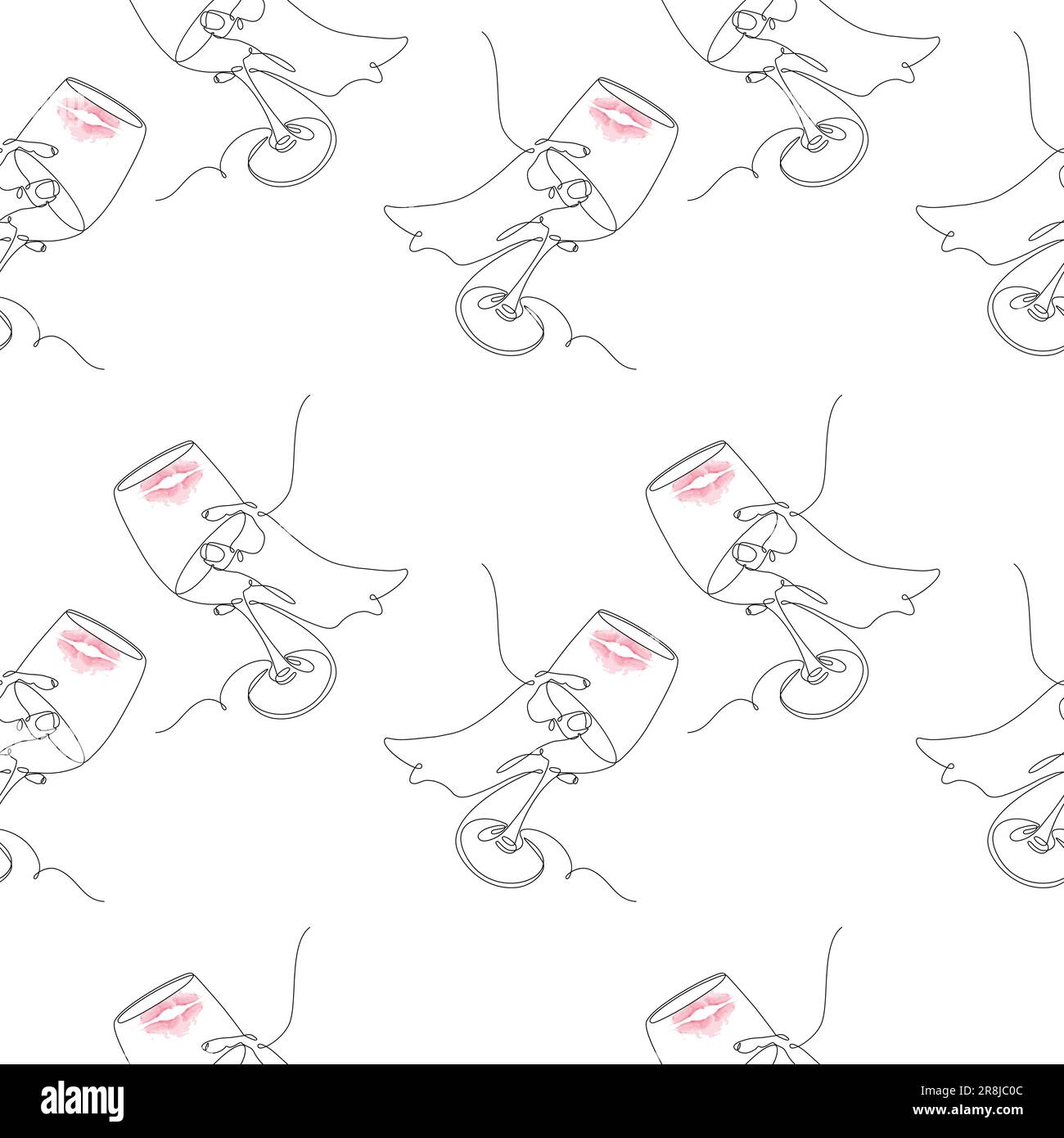 Main de womans avec un verre de vin dans une ligne continue et une marque abstraite de rouge à lèvres sur elle. Bonne journée du vin. Isoler. Conception pour l'emballage, l'impression, l'affiche, Illustration de Vecteur