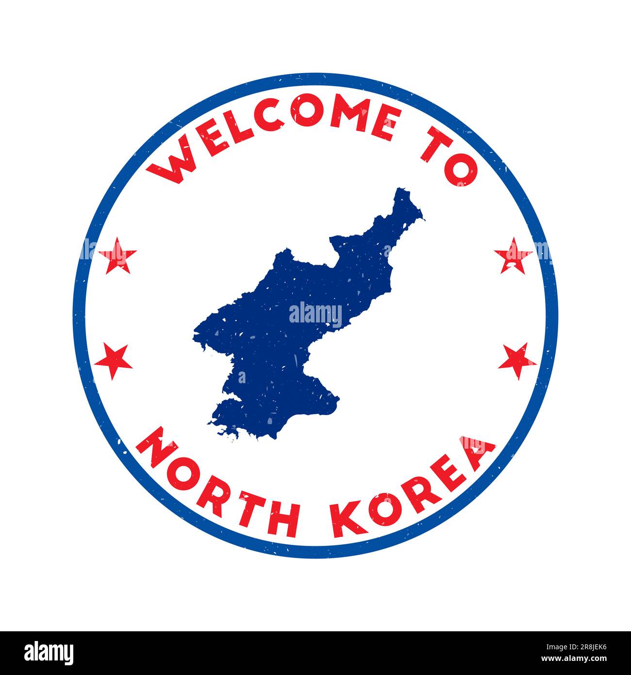 Bienvenue au timbre nord-coréen. Timbre rond pays grunge avec texture dans le thème de couleur donneur de sang. Joint géométrique nord-coréen de style vintage. Design élégant Illustration de Vecteur