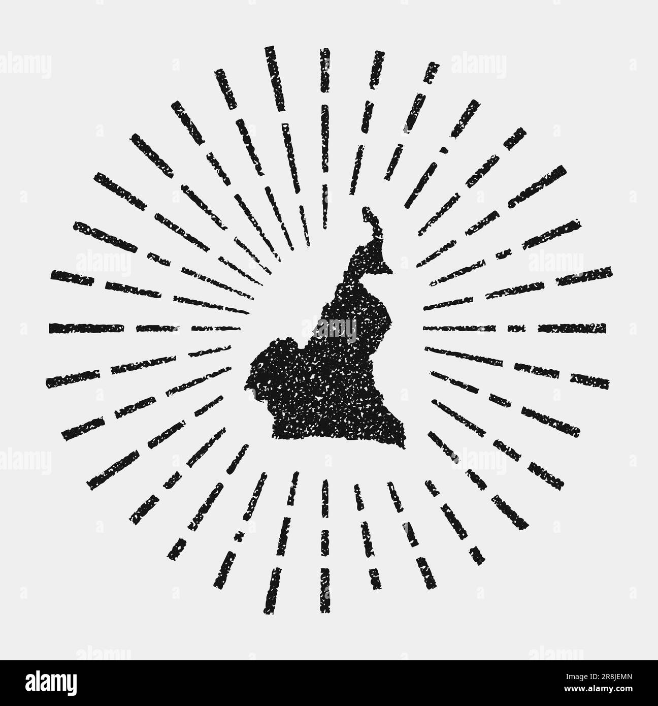Carte ancienne du Cameroun. Grunge soleil a éclaté dans tout le pays. Forme camerounaise noire avec rayons de soleil sur fond blanc. Illustration vectorielle. Illustration de Vecteur