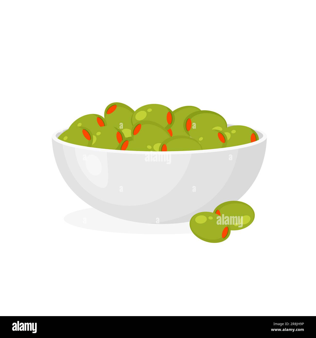 Olives vertes marinées dans une assiette. Olive farcie de légumes, de saumon ou de crevettes. Hors-d'œuvre dans un bol. Cuisine espagnole ou grecque. Illustration vectorielle. Illustration de Vecteur