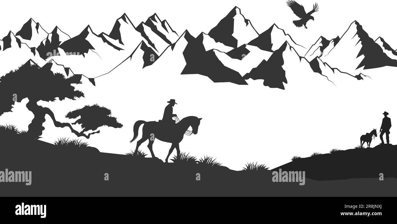 Silhouette de désert avec cowboy sur cheval. Panorama naturel du canyon avec les montagnes. Paysage américain. Faune scène occidentale. Illustration vectorielle. Illustration de Vecteur