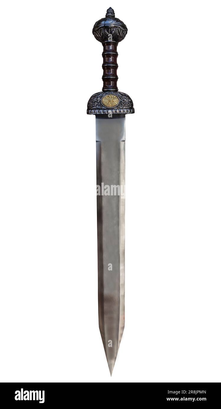 Gladius hispaniensis avec manche richement décoré. Ancienne réplique d'équipement personnel militaire Banque D'Images